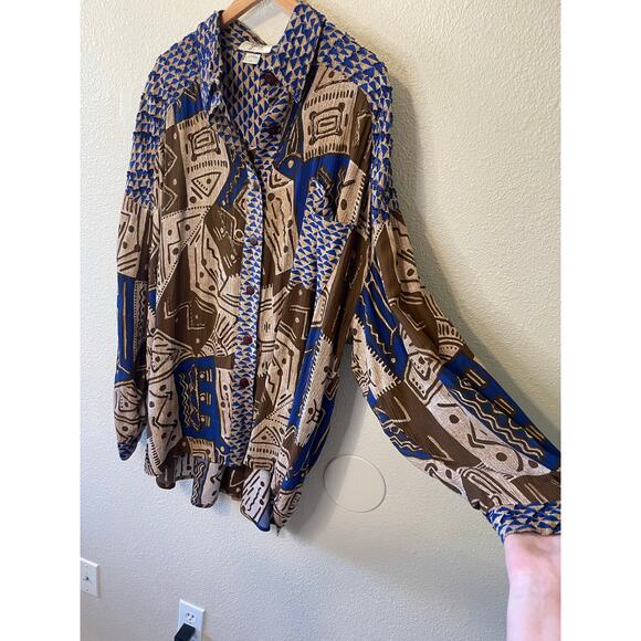 VTG Audrey Jones Beaded Boho Tribal Print Brown & Blue Oversized Button Up 1X - Picture 10 of 14